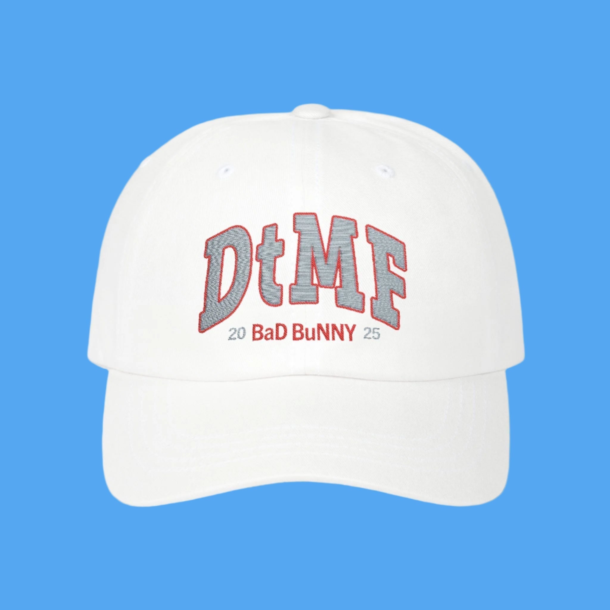 White cap with text on a blue background