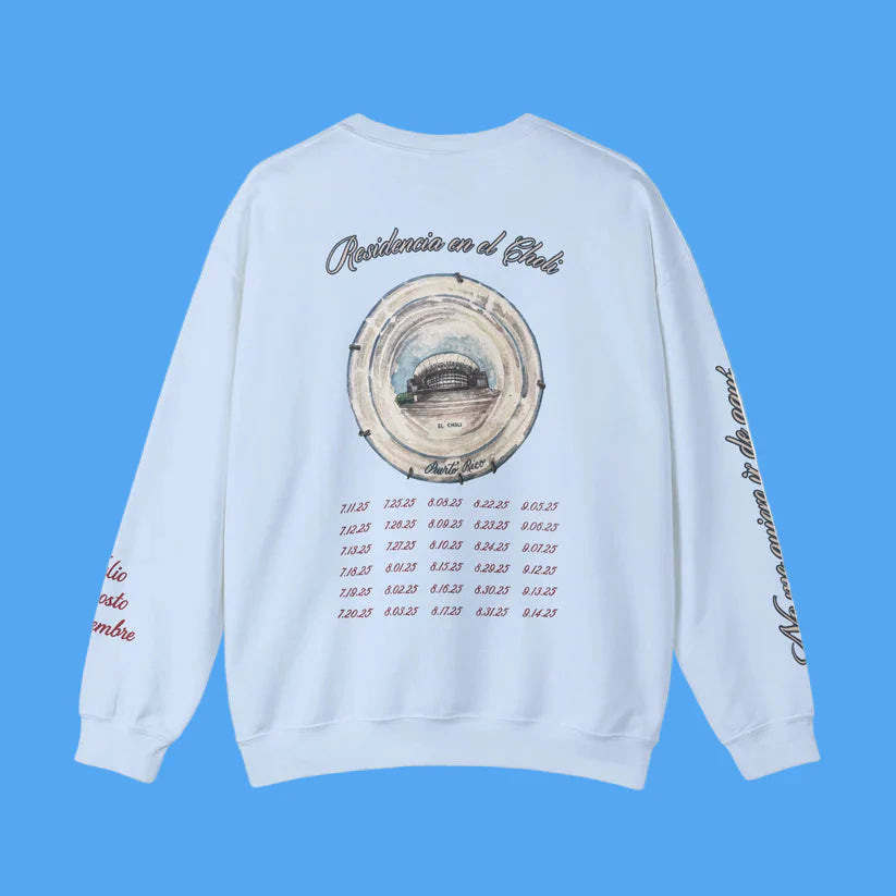 White sweatshirt with graphic design on a blue background