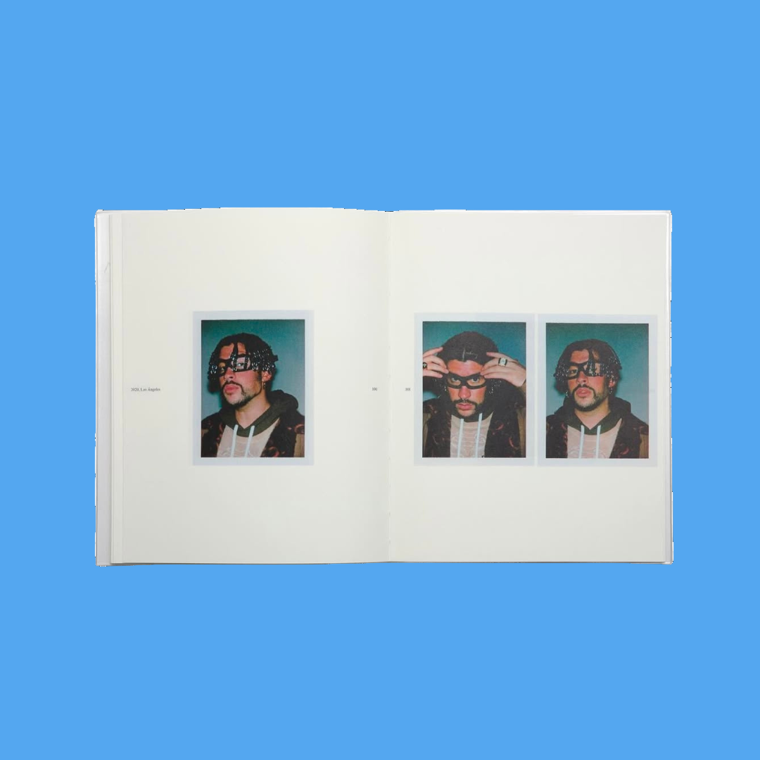 Book with three Polaroid-style images of a person on a white background