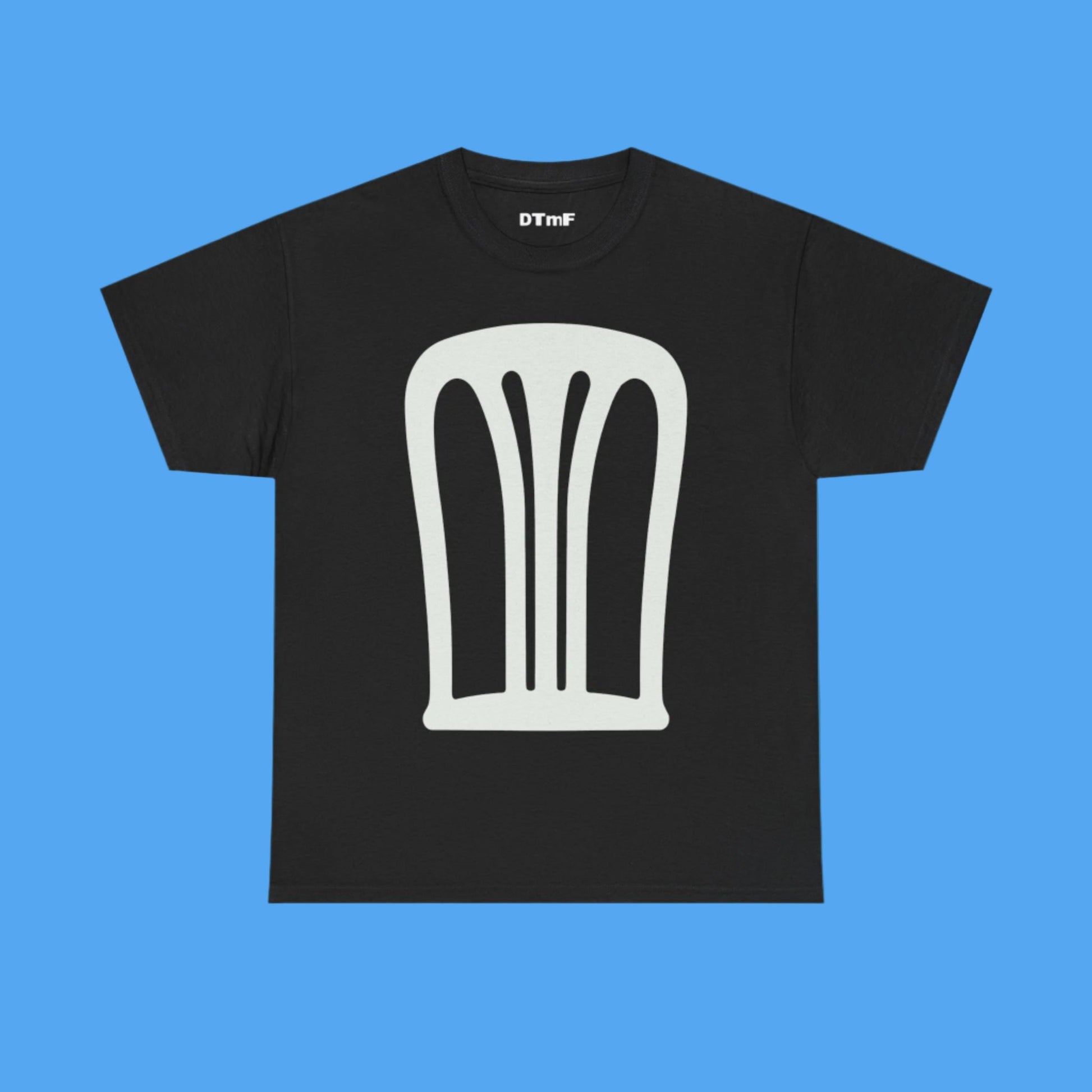 Black t-shirt with a white graphic design on a blue background