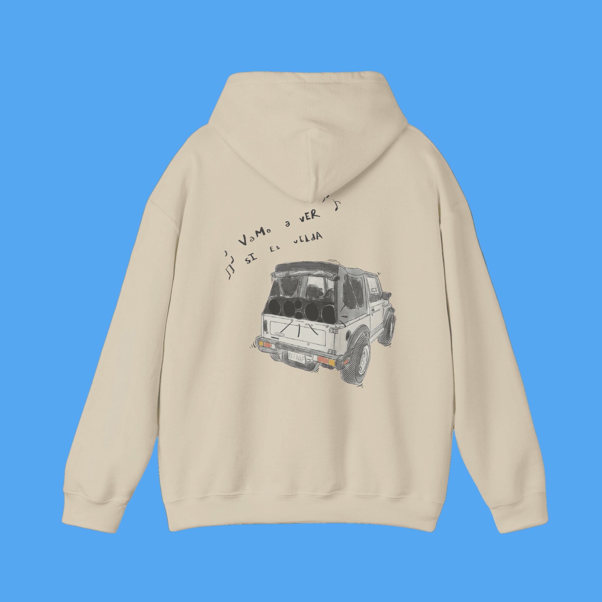 Beige hoodie with a graphic of a vintage car on the back against a dark blue background