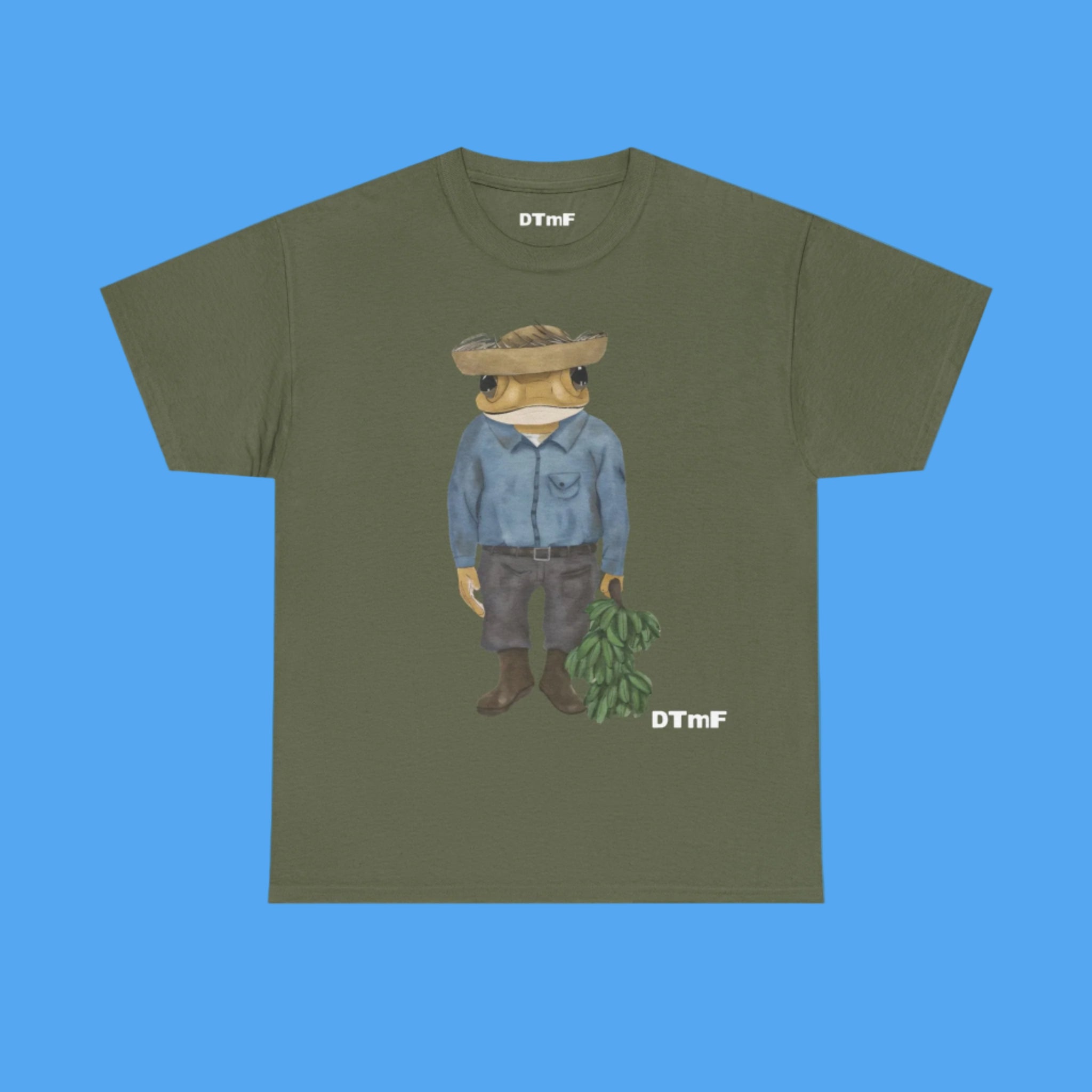 Green t-shirt with a graphic of a person wearing a hat and holding plants on a blue background