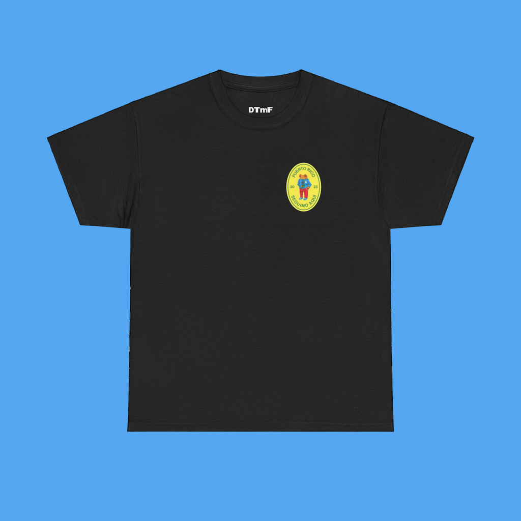 Black t-shirt with a small yellow logo on the chest against a white background