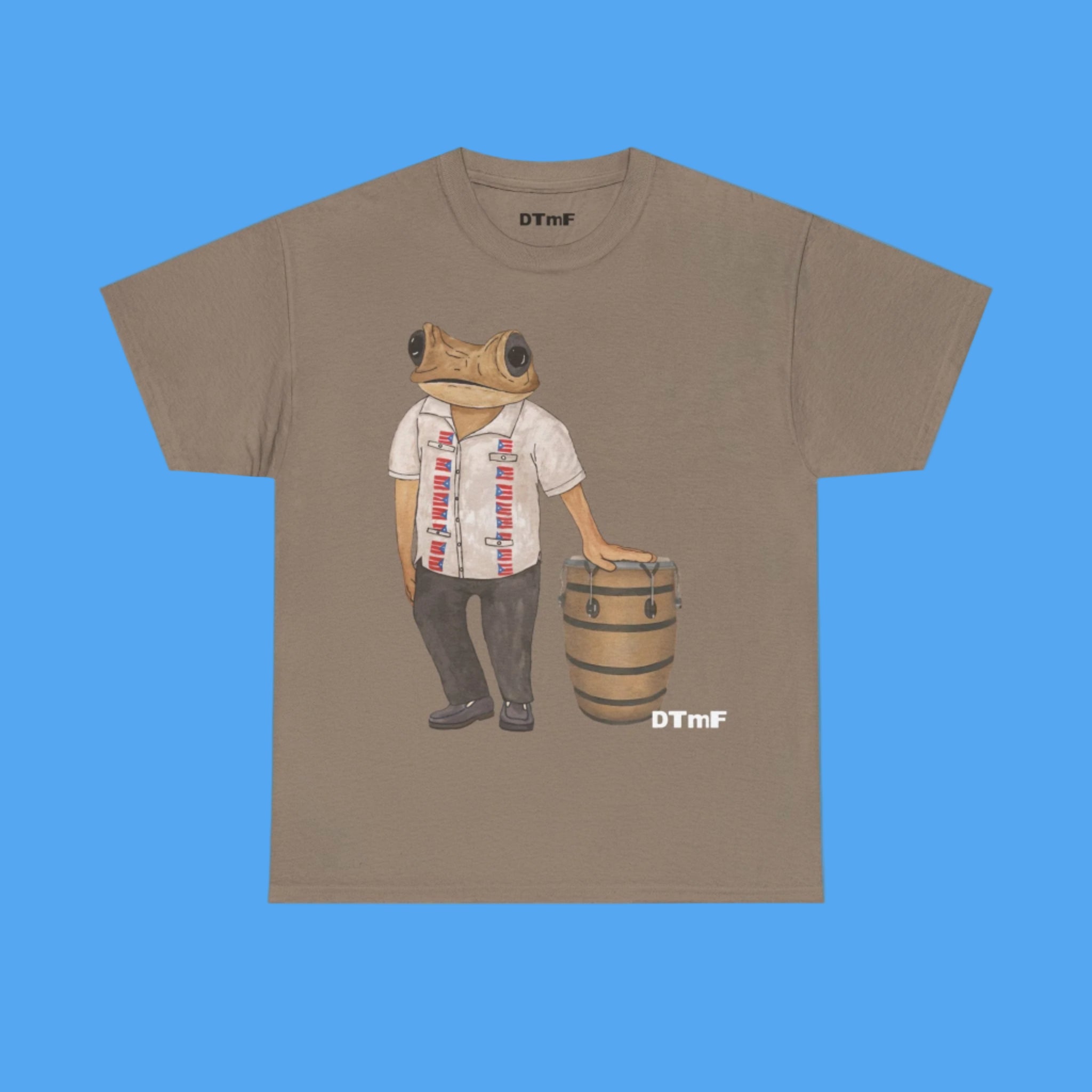T-shirt with a frog character holding a barrel on a blue background