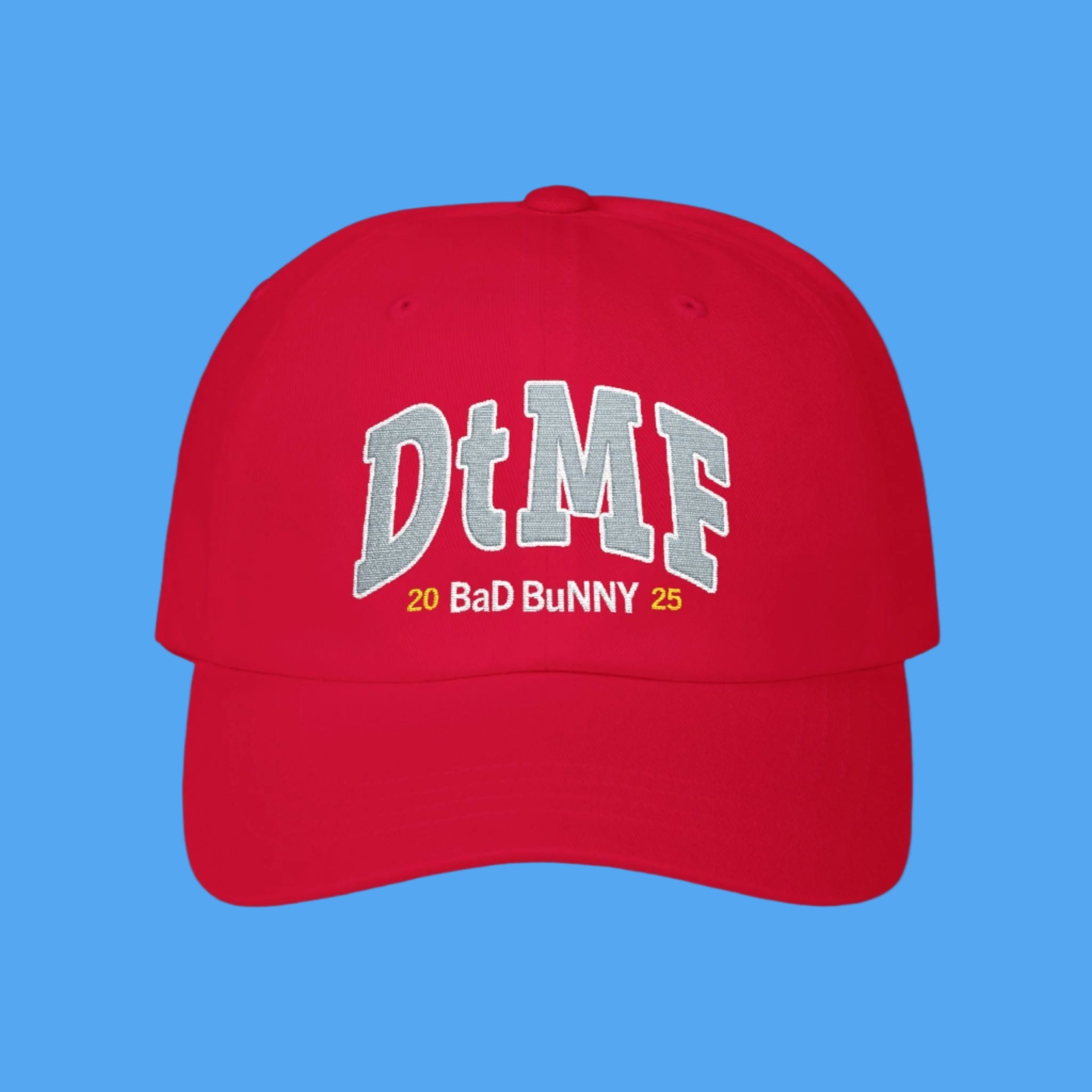 Red cap with text on a blue background