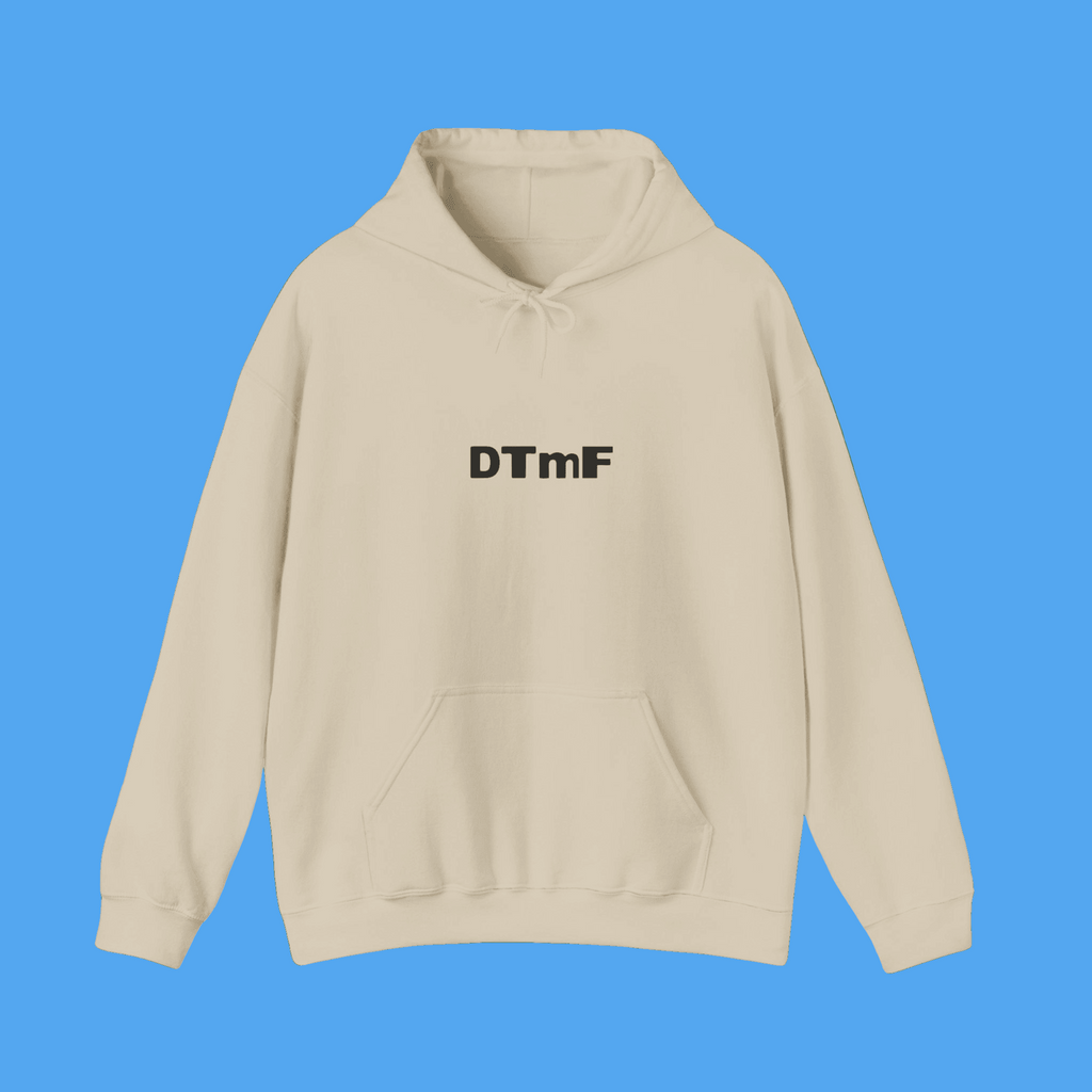 Beige hoodie with 'DTmF' text on a green background