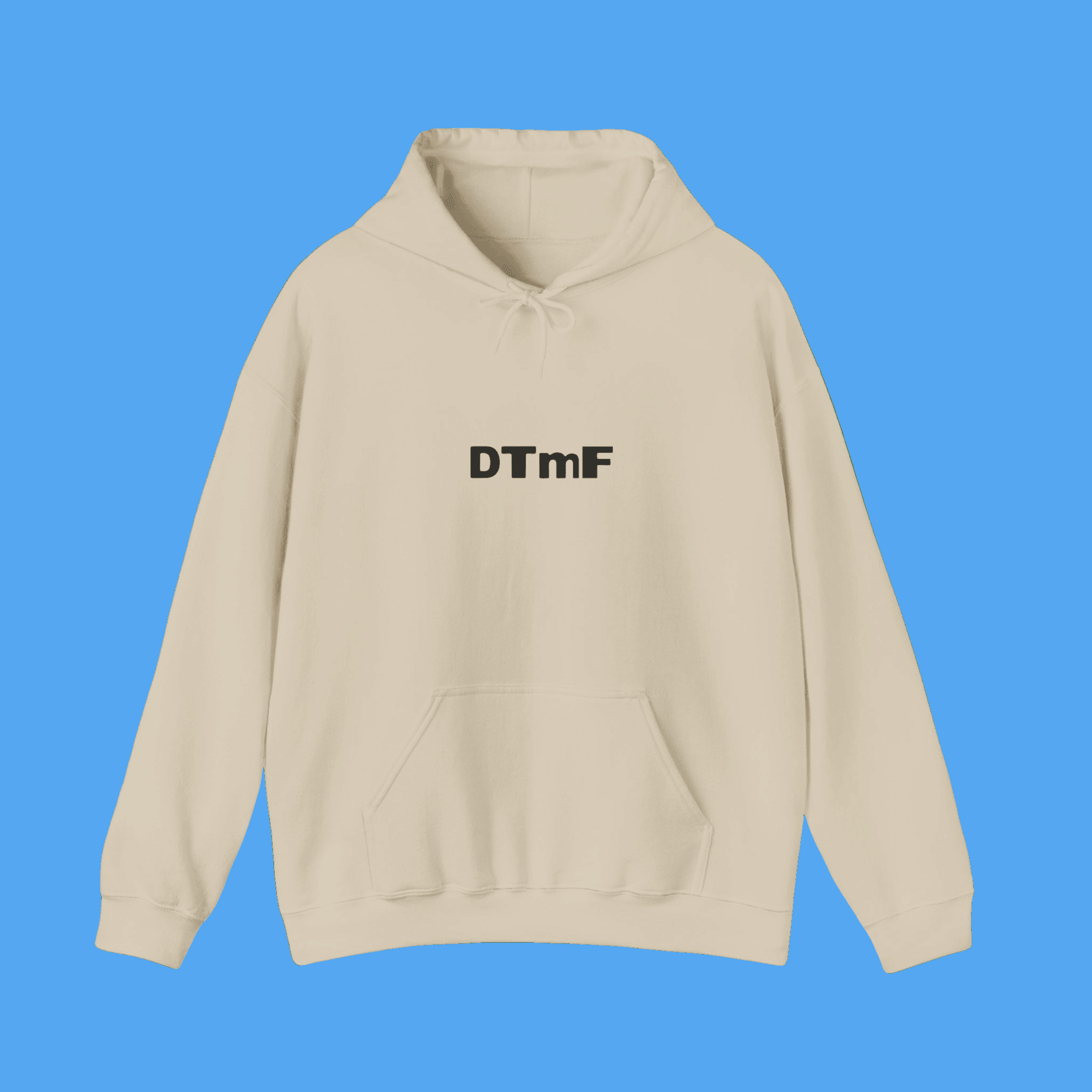 Beige hoodie with 'DTmF' text on a green background
