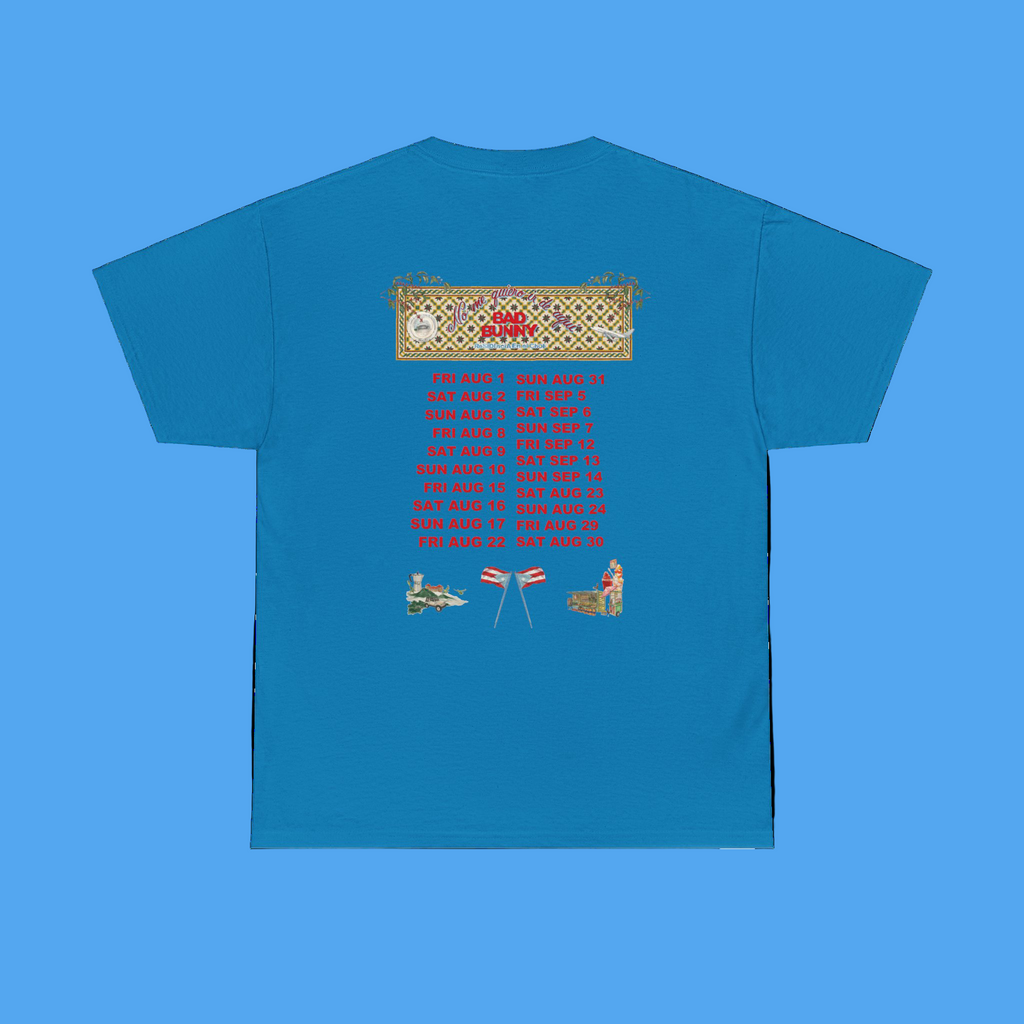 Blue t-shirt with graphic designs and text on a white background