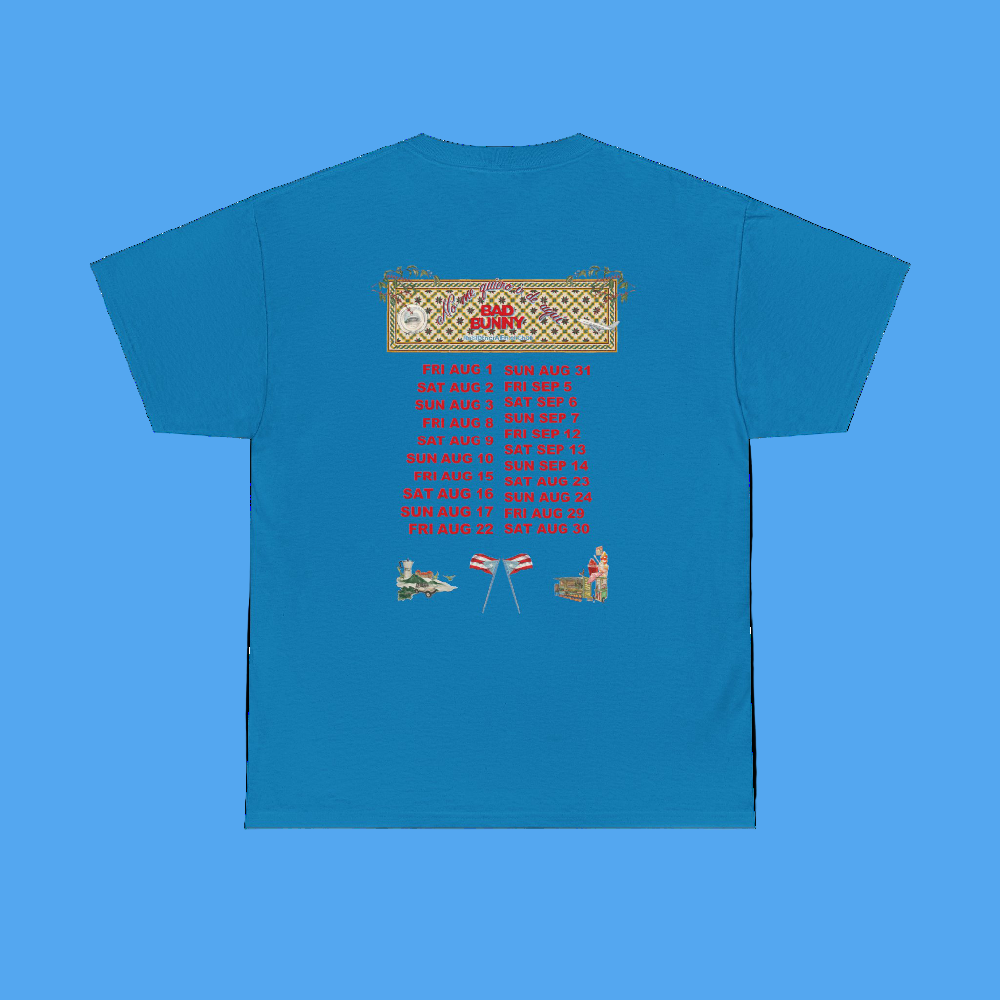 Blue t-shirt with graphic designs and text on a white background