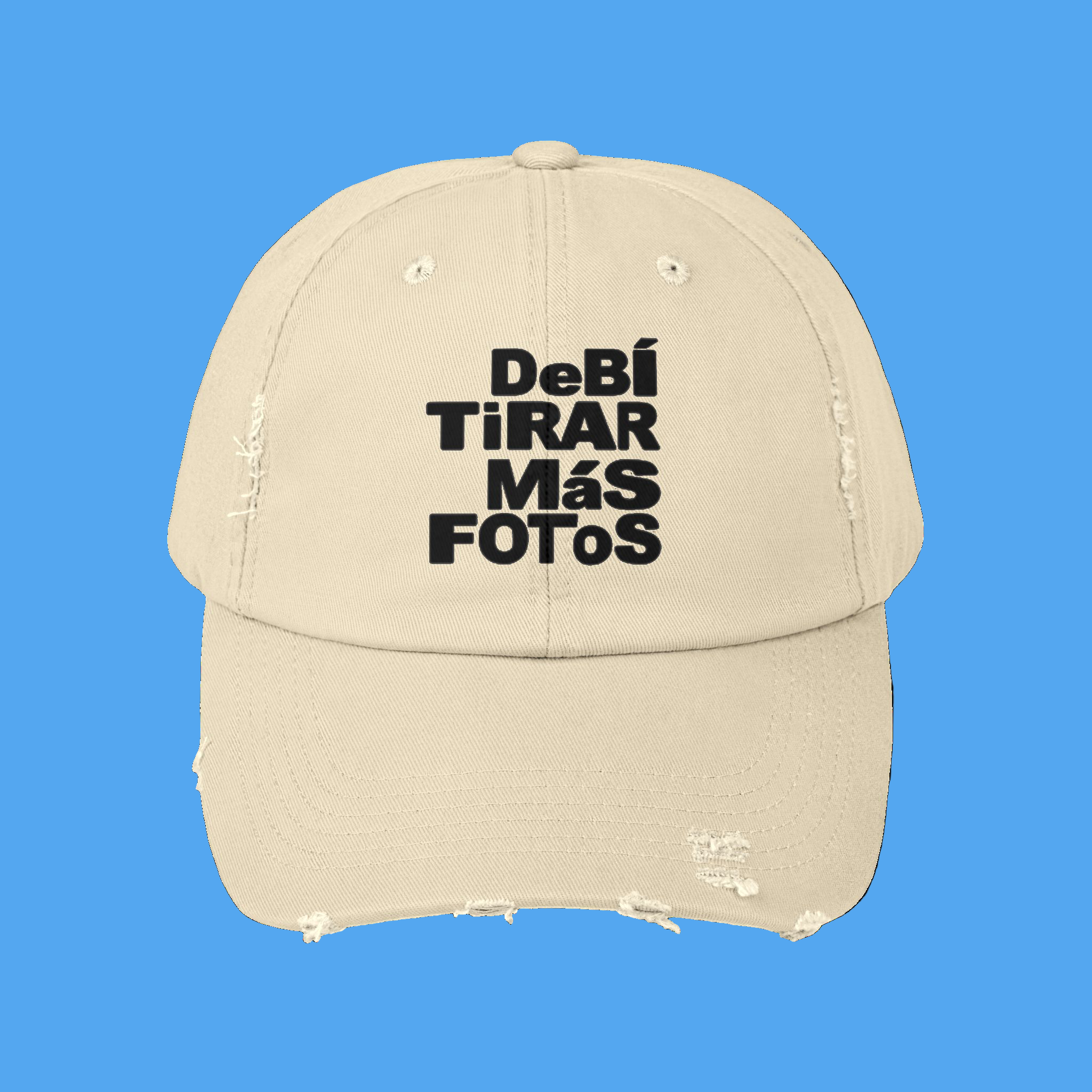 Beige cap with black text on a white background