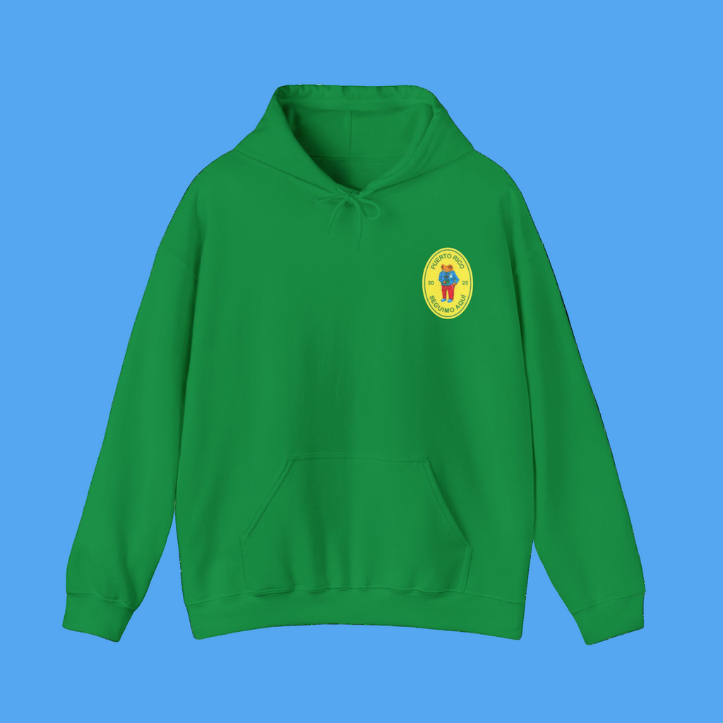 Green hoodie with a colorful logo on the chest against a white background