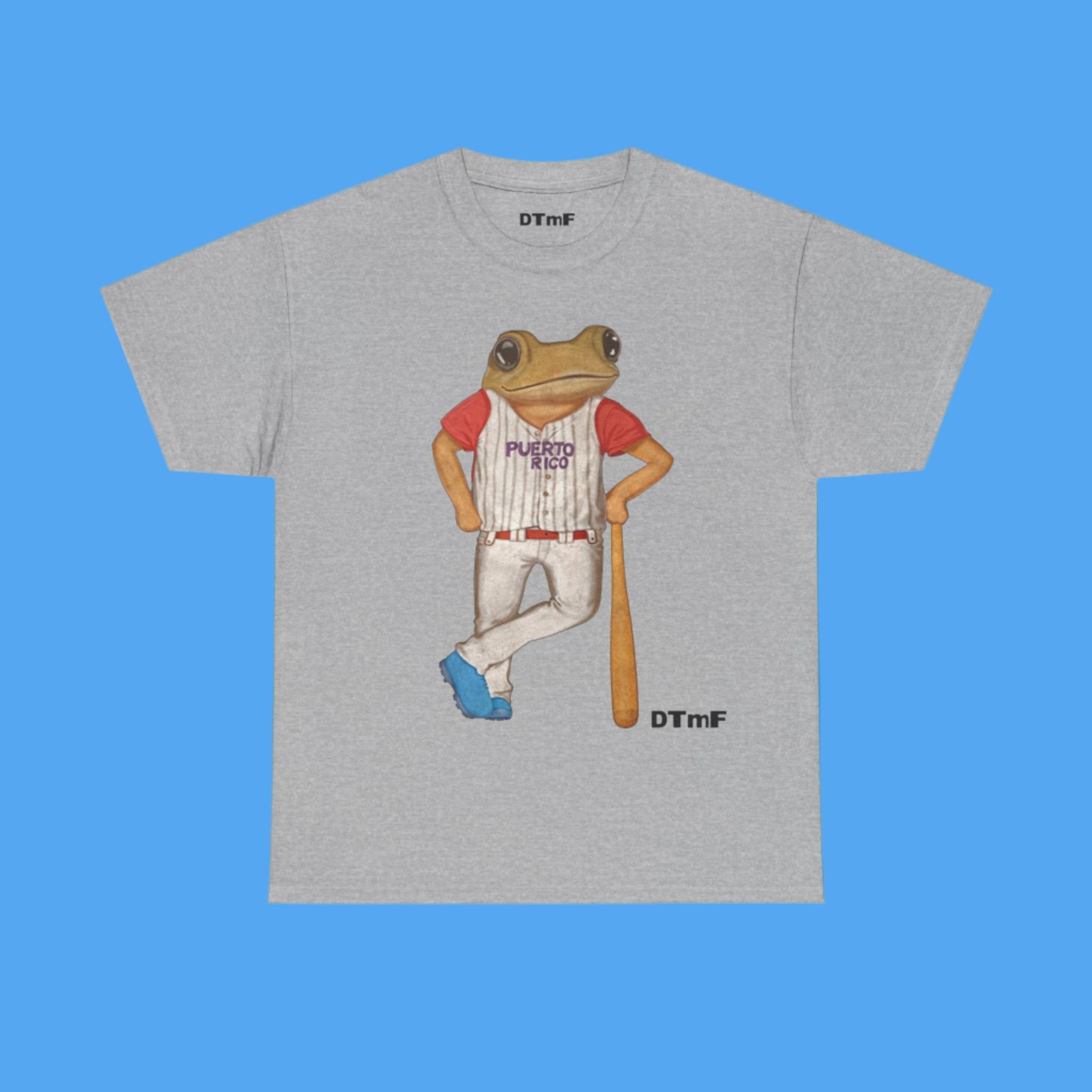 Gray t-shirt with a frog in a baseball uniform graphic on a blue background
