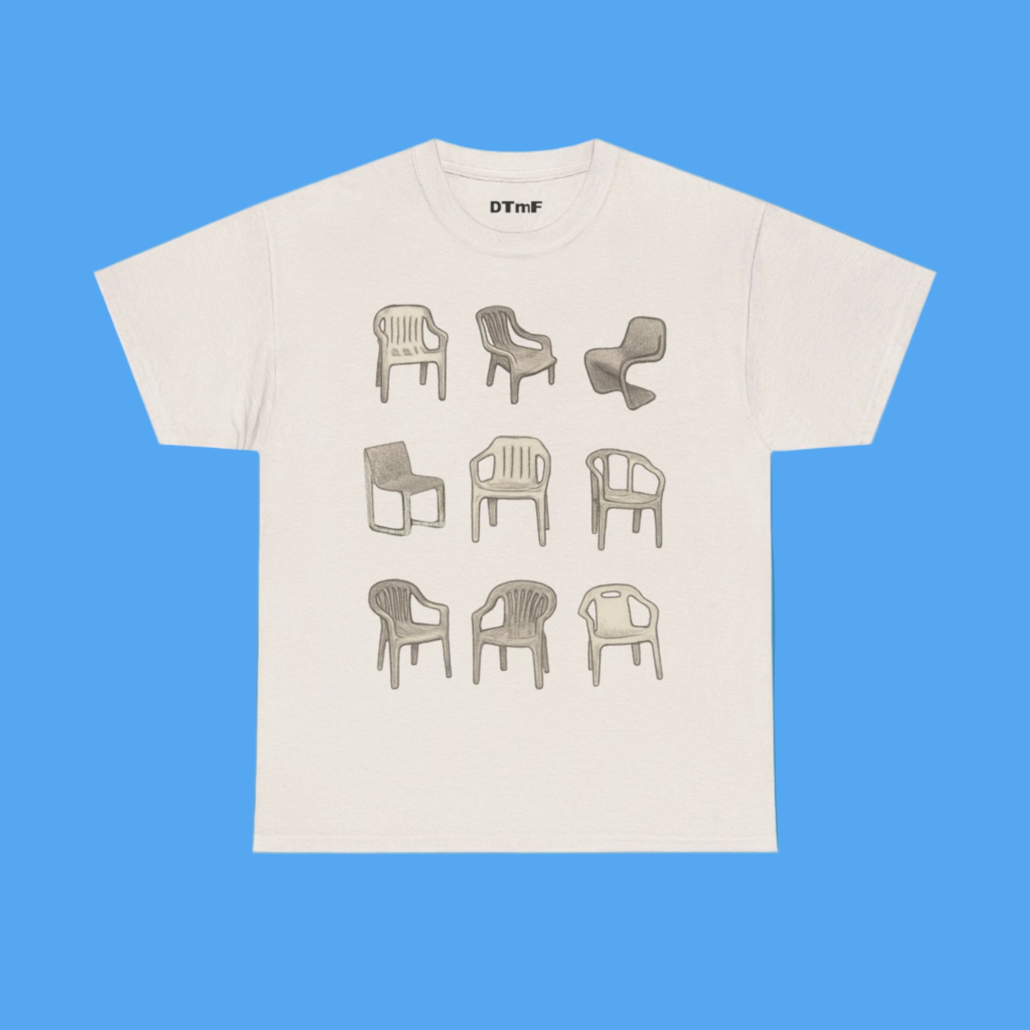 White t-shirt with chair illustrations on a blue background