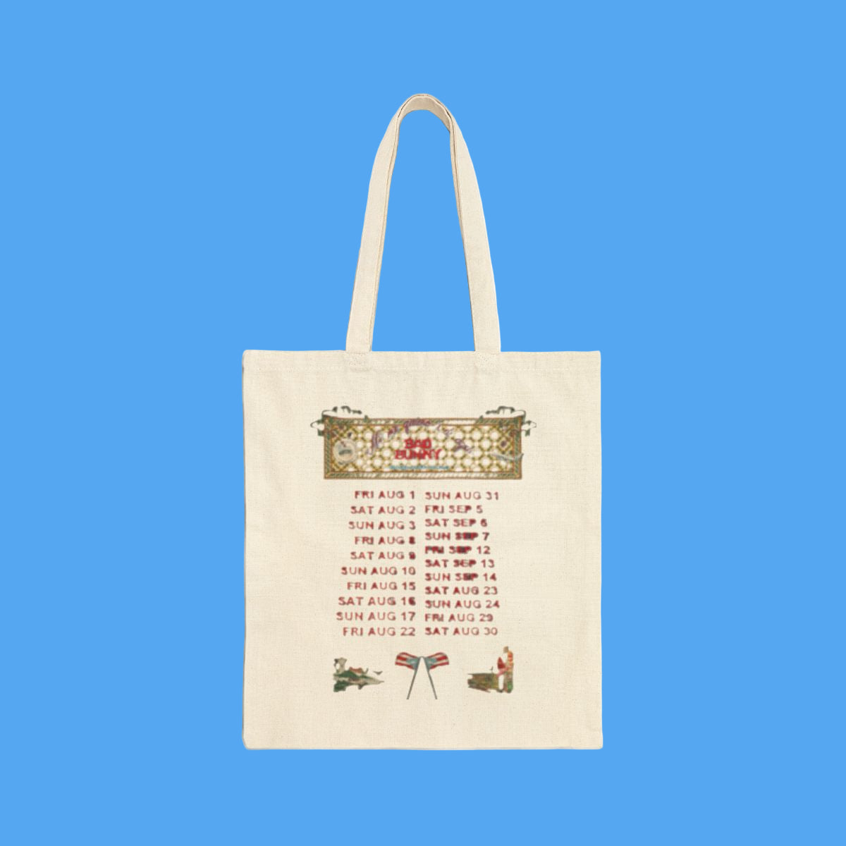 Beige tote bag with printed design on a white background