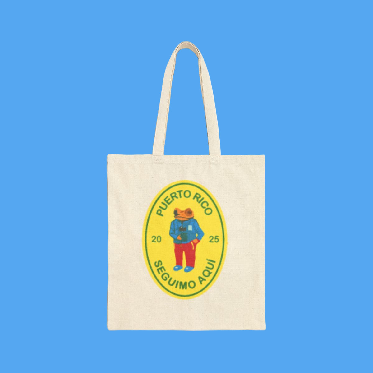 Tote bag with a graphic design featuring two people hugging and text on a white background