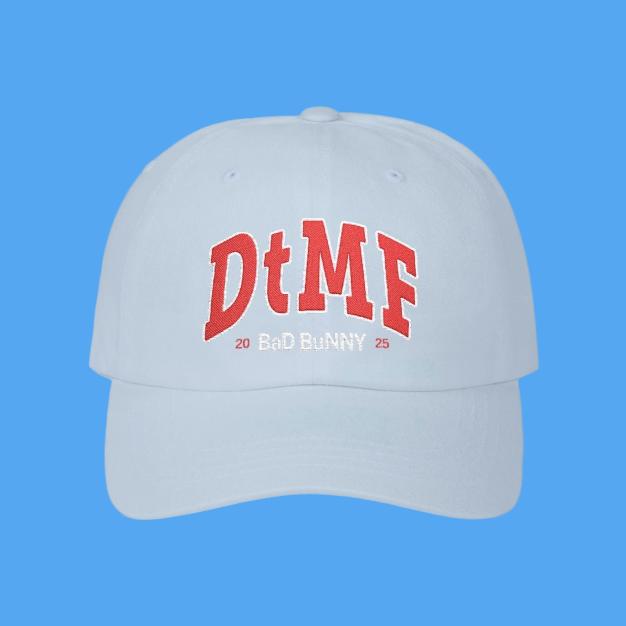 Light blue cap with red text on a blue background