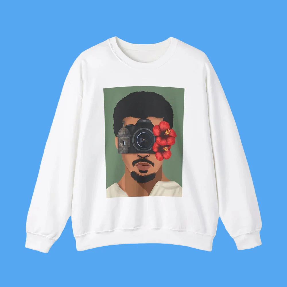 White sweatshirt with a graphic design of a person holding a camera with flowers on a white background