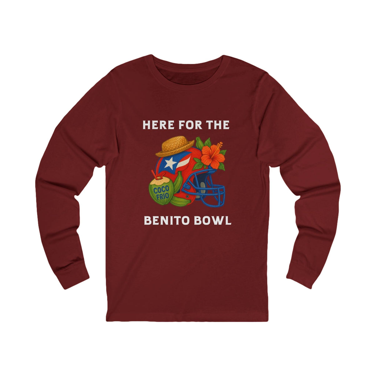 Bad Bunny Puerto Rican Football Helmet Long Sleeve Tee (Red Helmet) | Bad Bunny Merch | Bad Bunny NFL Super Bowl Merch Bad Bunny Merch