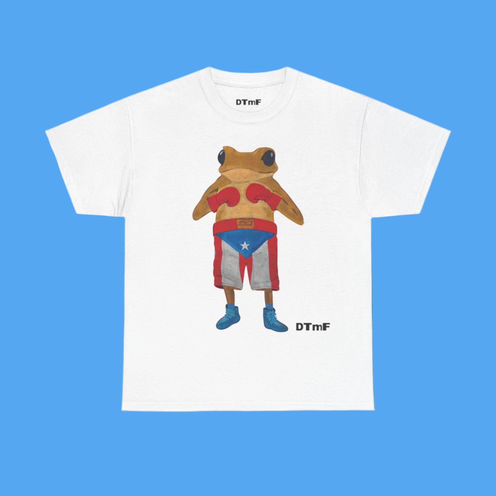 White t-shirt with a graphic of a frog in superhero costume on a blue background