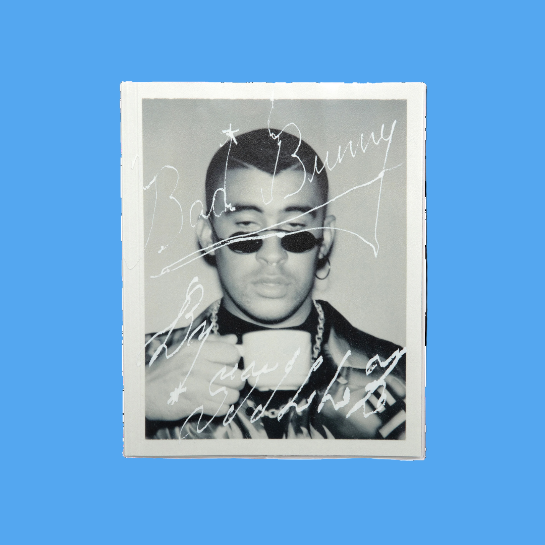 Black and white photo of a person wearing sunglasses with 'Bad Bunny' text overlay