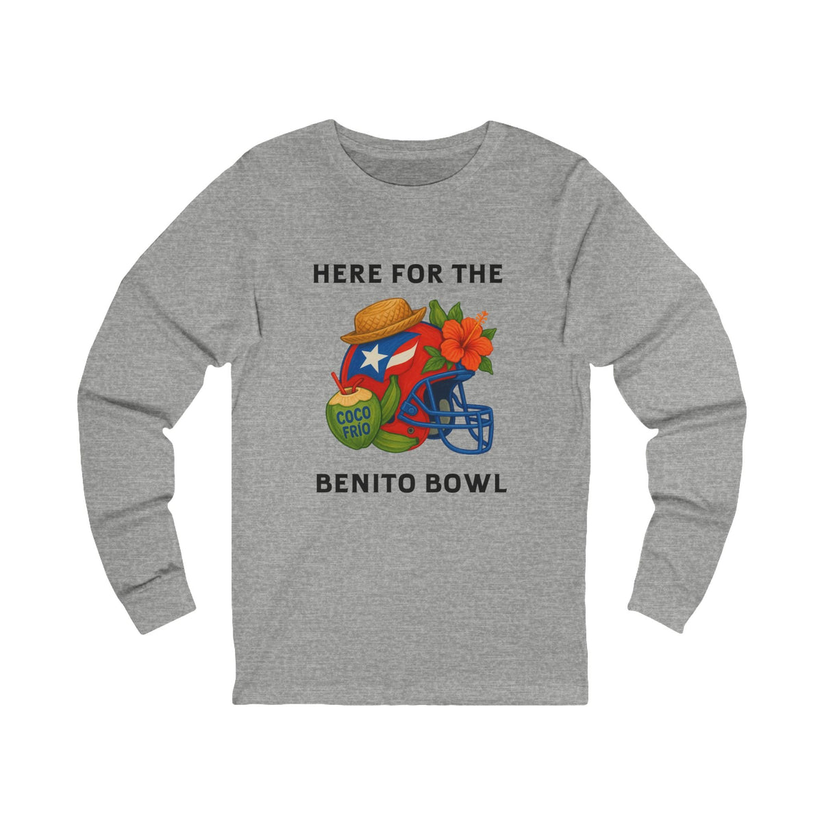 Bad Bunny Puerto Rican Football Helmet Long Sleeve Tee (Red Helmet) | Bad Bunny Merch | Bad Bunny NFL Super Bowl Merch Bad Bunny Merch