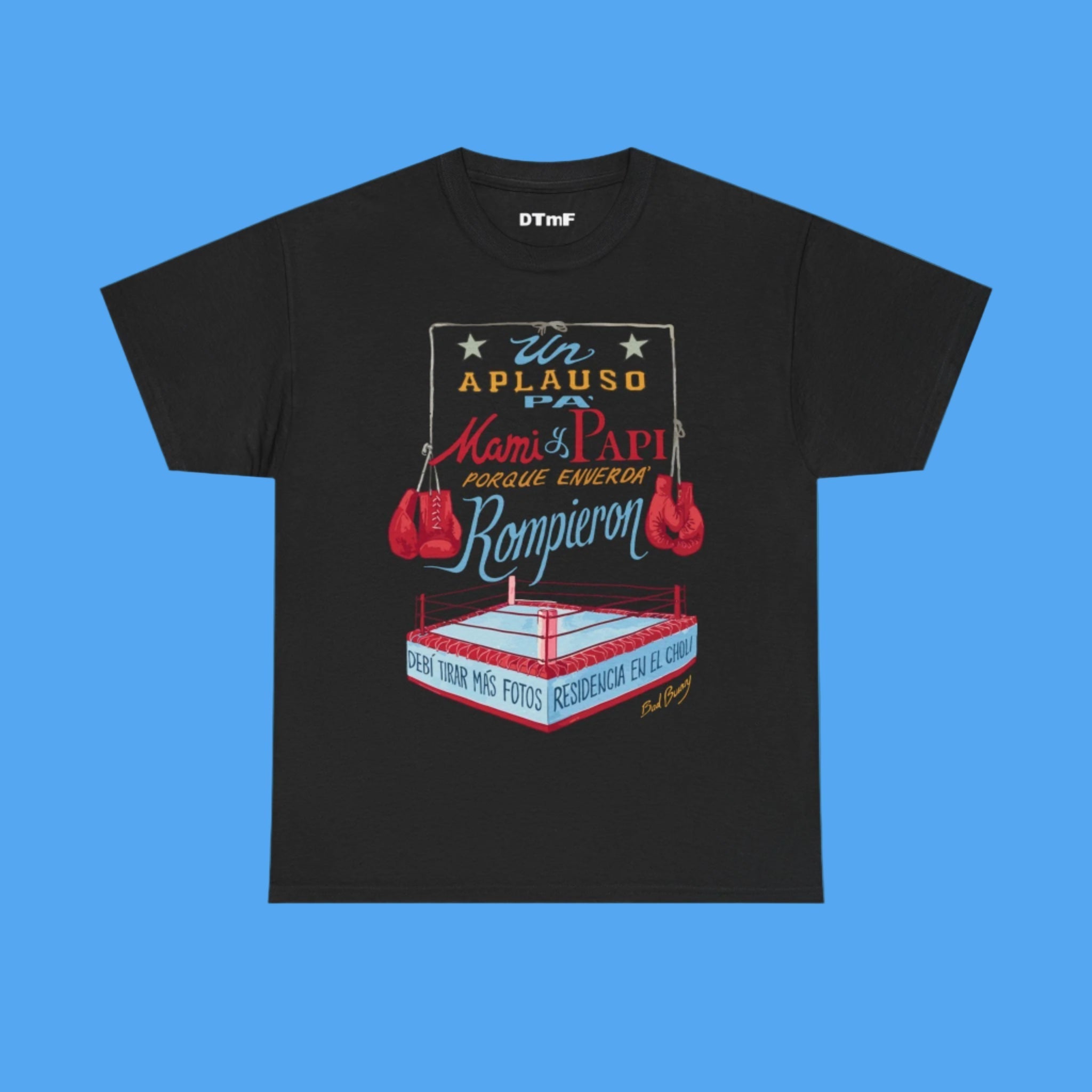 Black t-shirt with boxing-themed graphic and text on a blue background