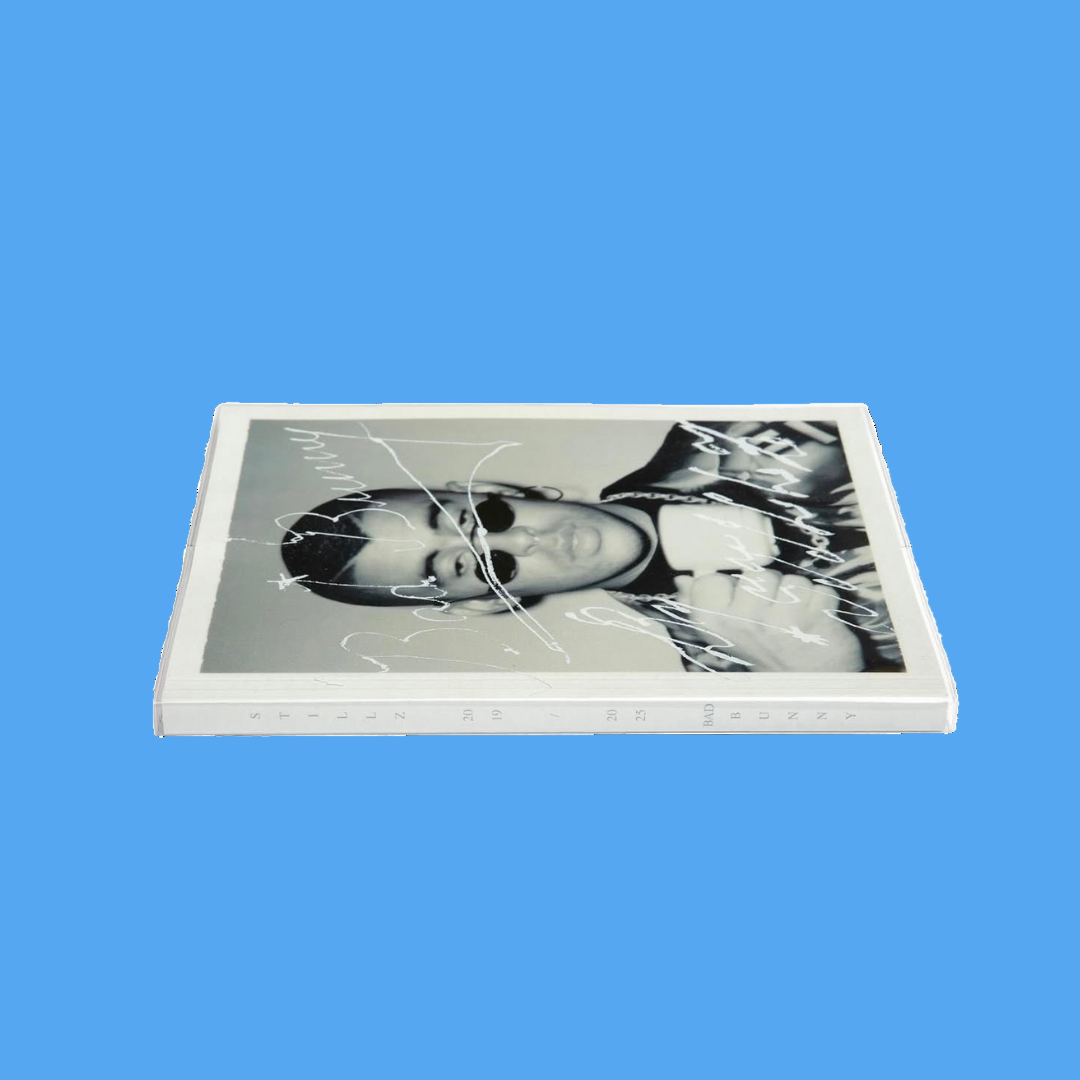 Product packaging with a black and white image of a person on a white background