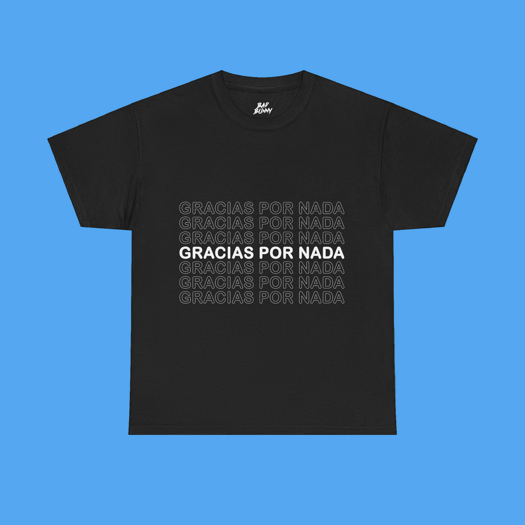 Black t-shirt with 'GRACIAS POR NADA' text on a solid background