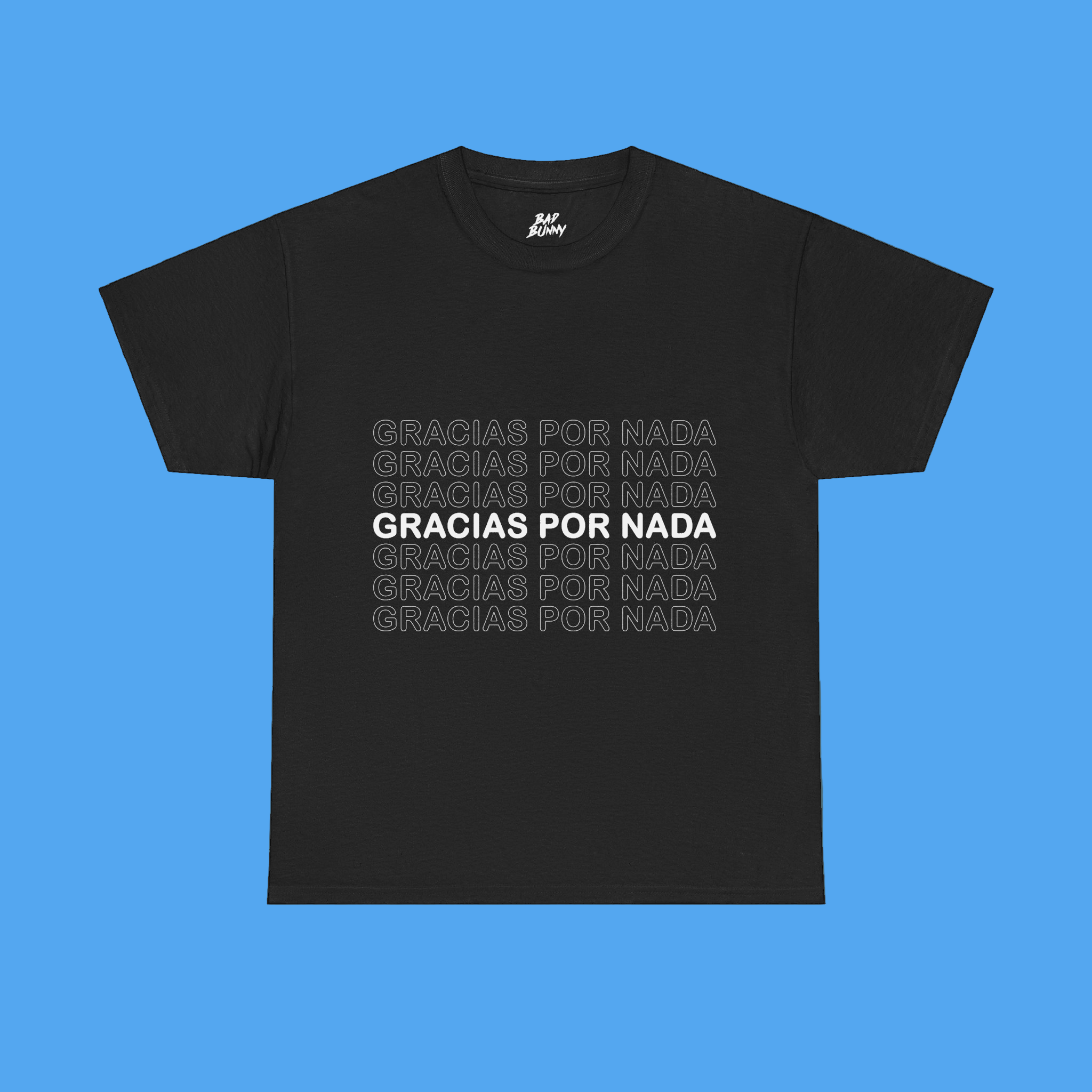 Black t-shirt with 'GRACIAS POR NADA' text on a solid background