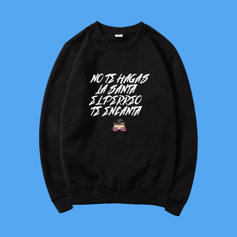 Black sweatshirt with white text and a small graphic on a white background