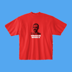 Red t-shirt with a printed design on the back against a white background