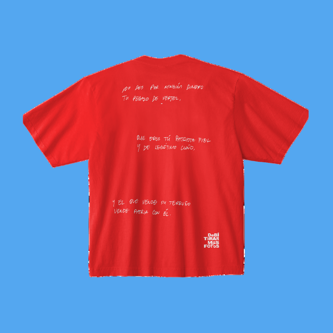 Red t-shirt with white text on the back against a white background