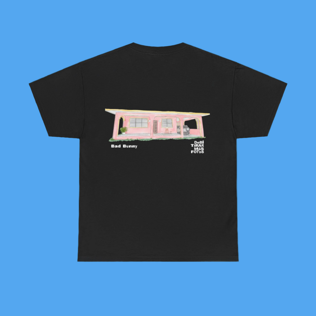 Black t-shirt with a pink house graphic and text on a white background
