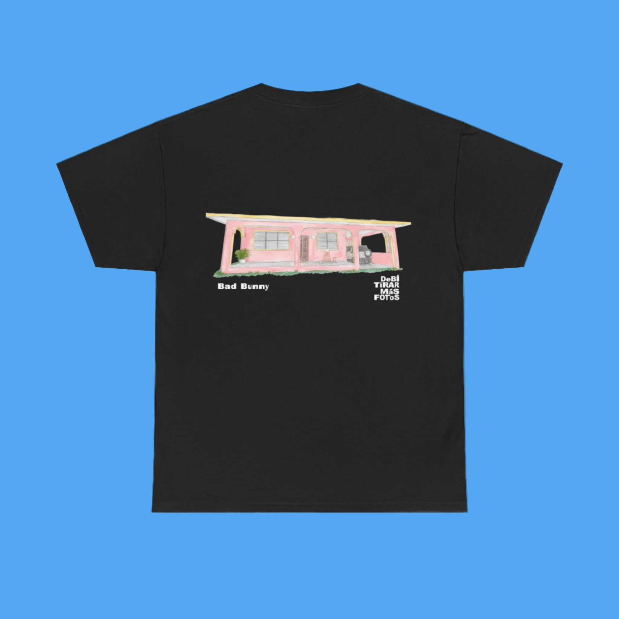 Black t-shirt with a pink house graphic and text on a white background