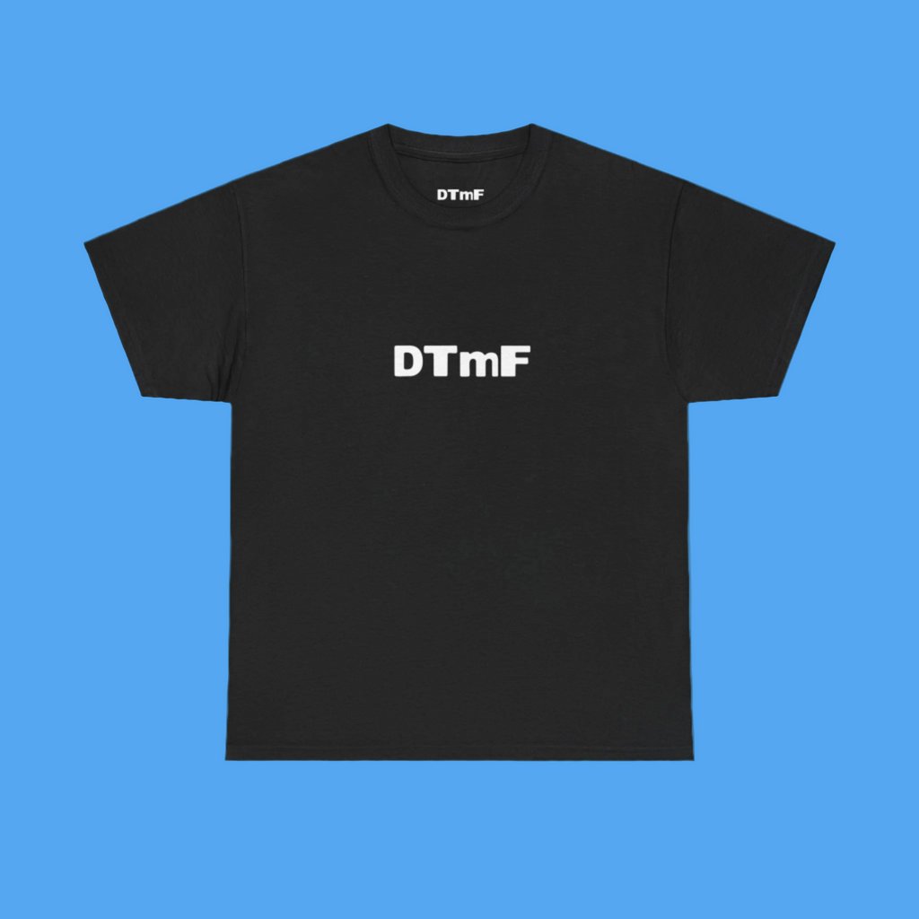 Black t-shirt with 'DTmF' logo on a Blueackground