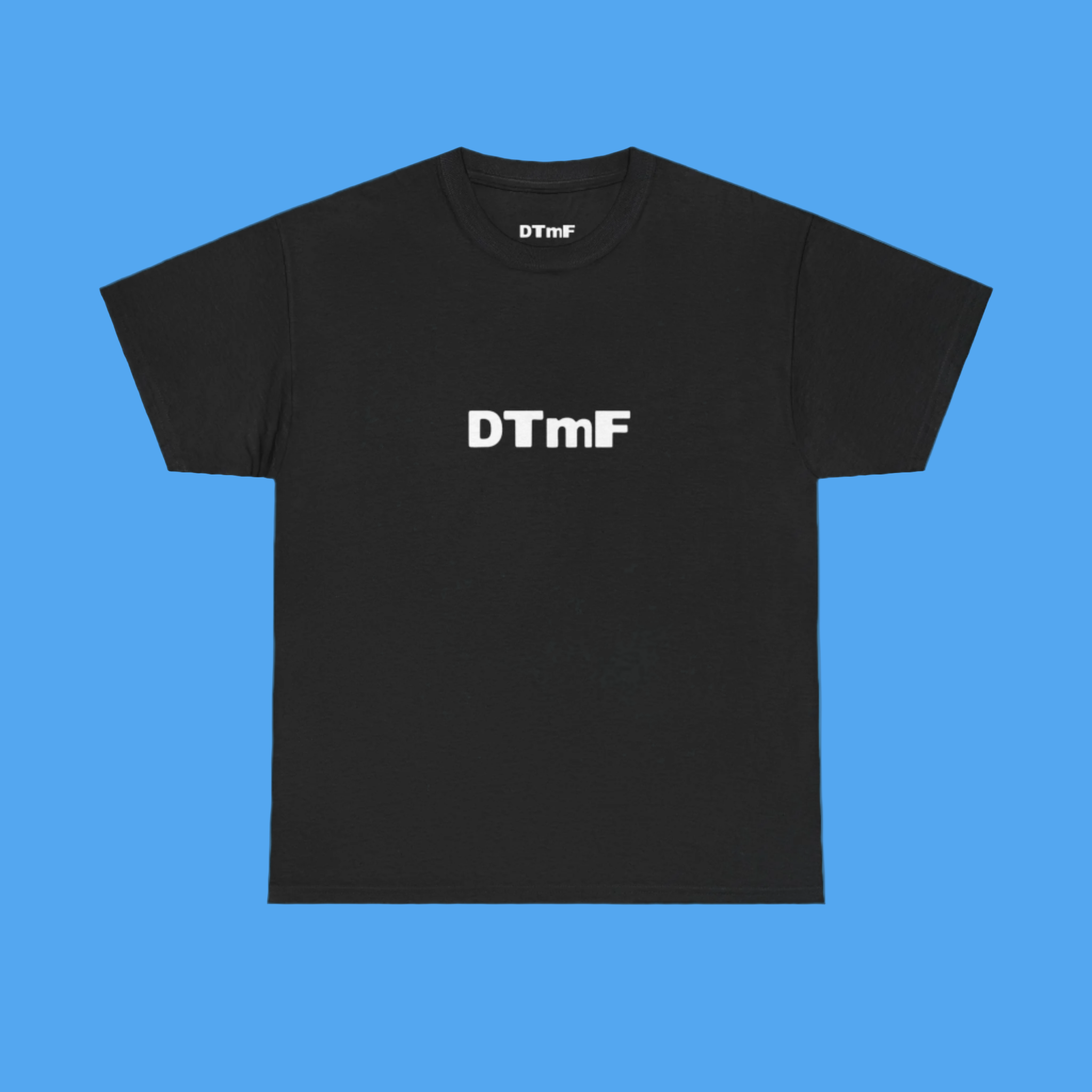 Black t-shirt with 'DTmF' logo on a Blueackground