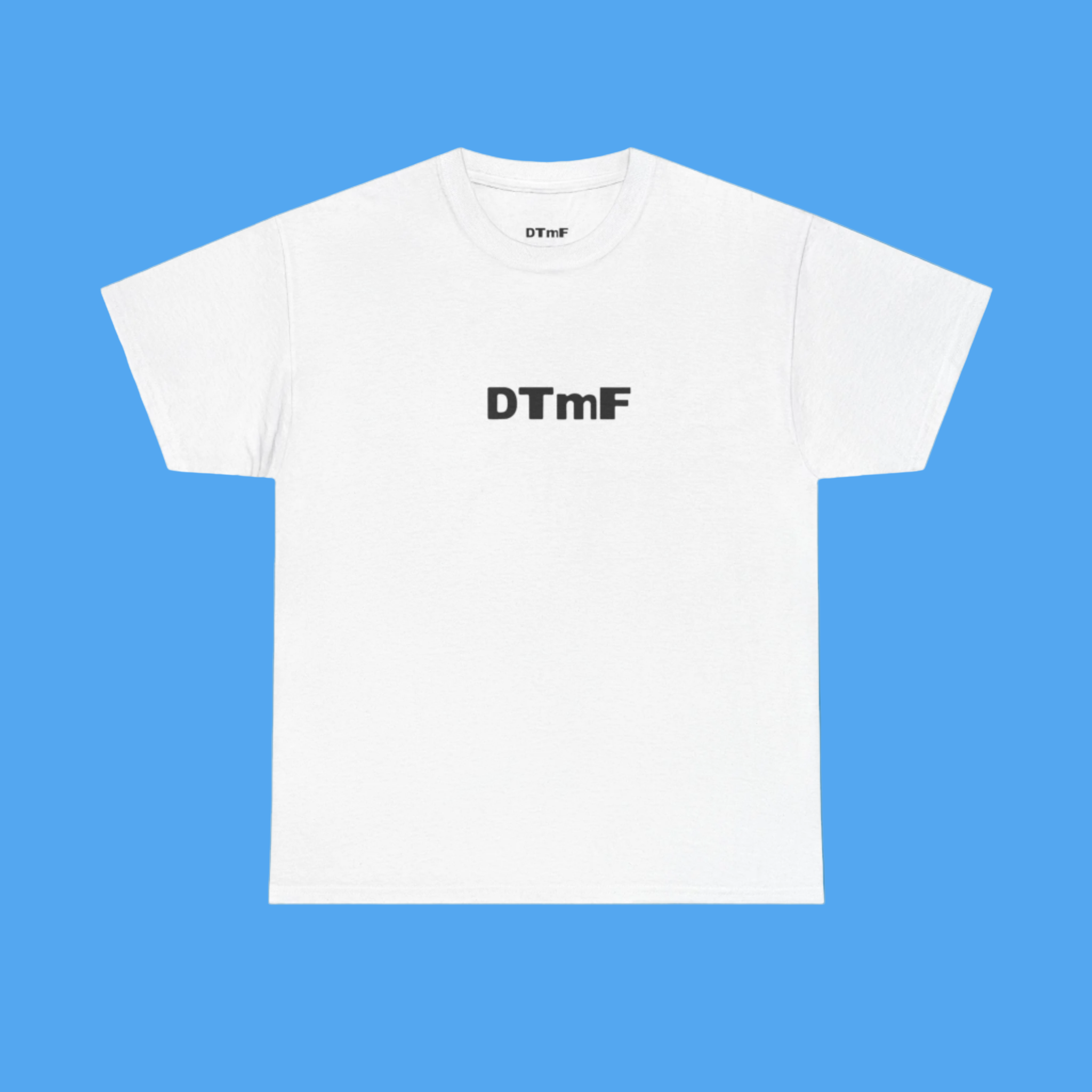 White t-shirt with 'DTmF' logo on a blue background