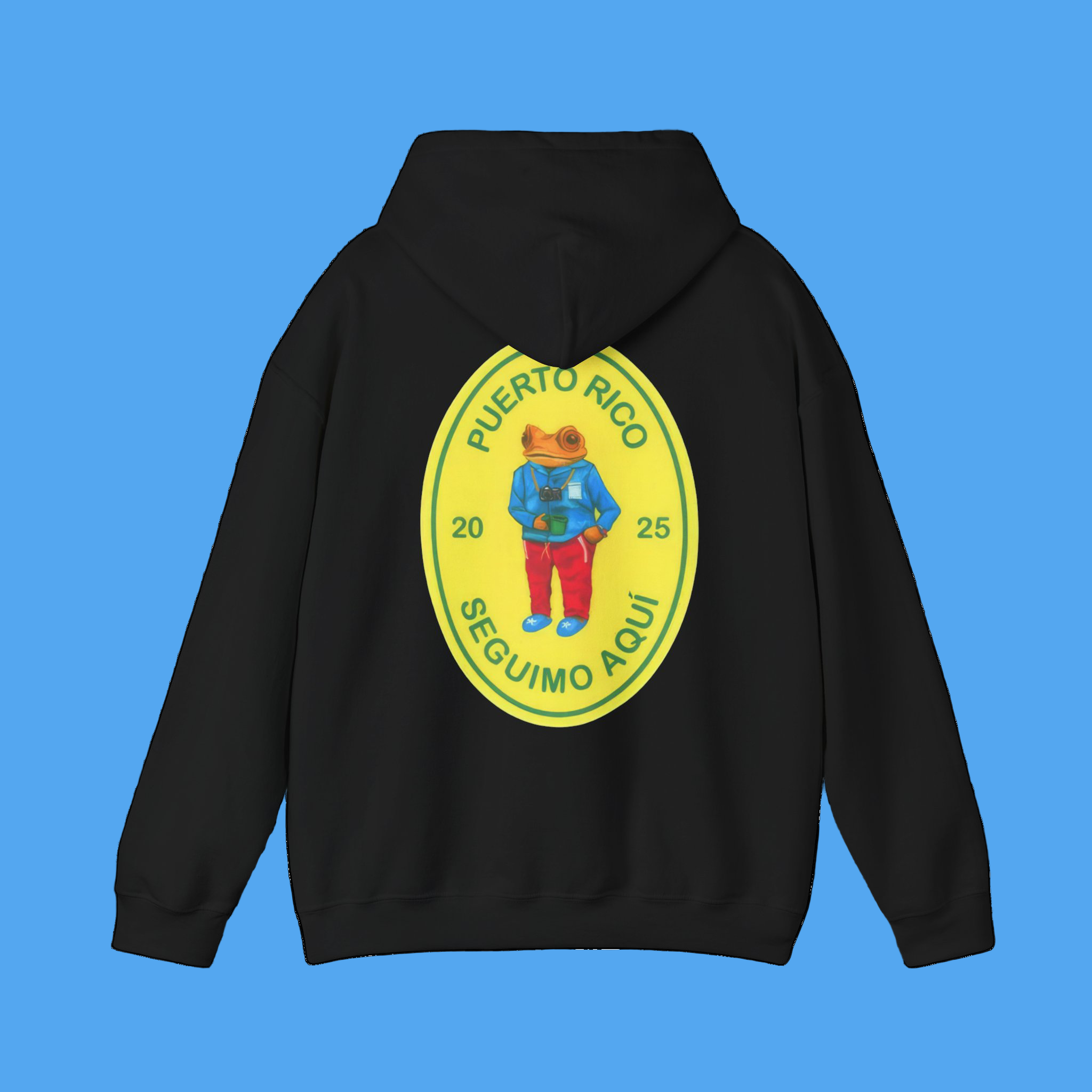 Black hoodie with a colorful graphic on the back featuring text and a character.