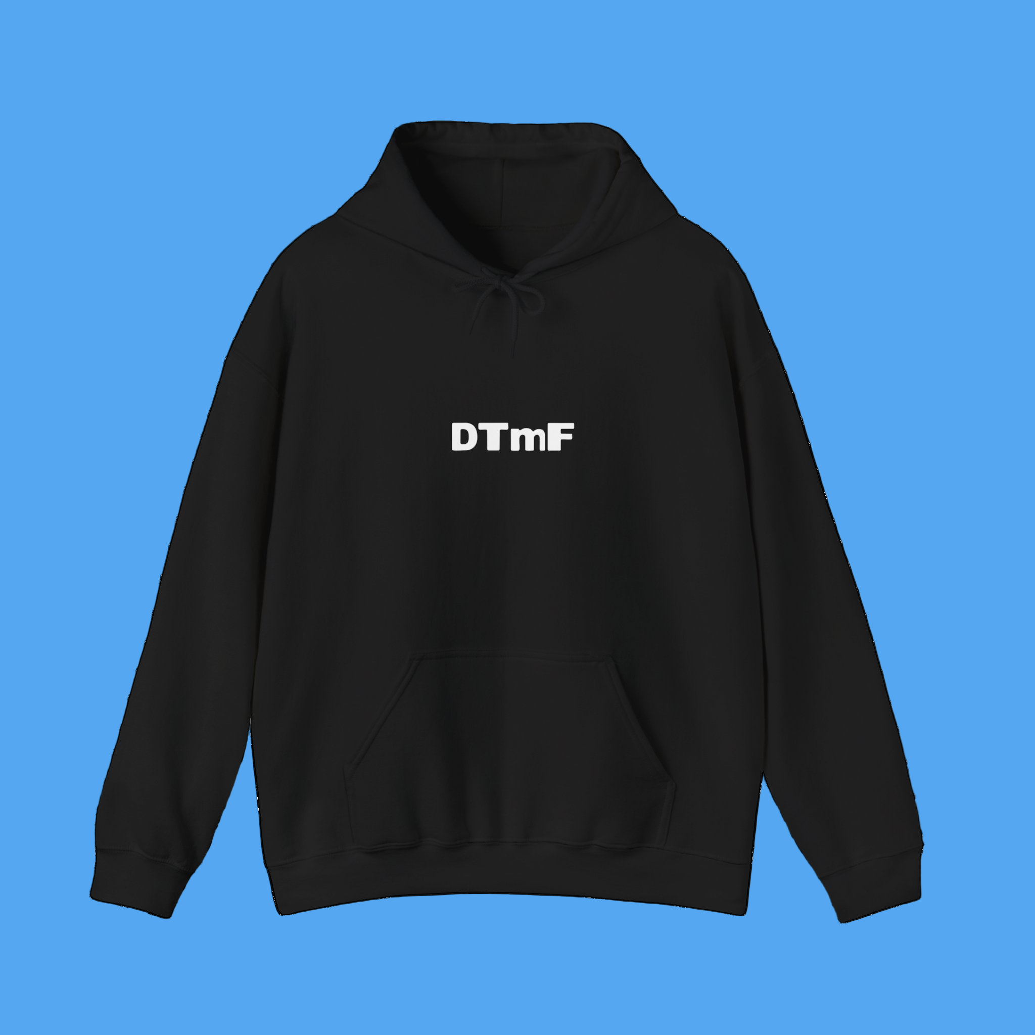 Black hoodie with 'DTmF' text on a white background