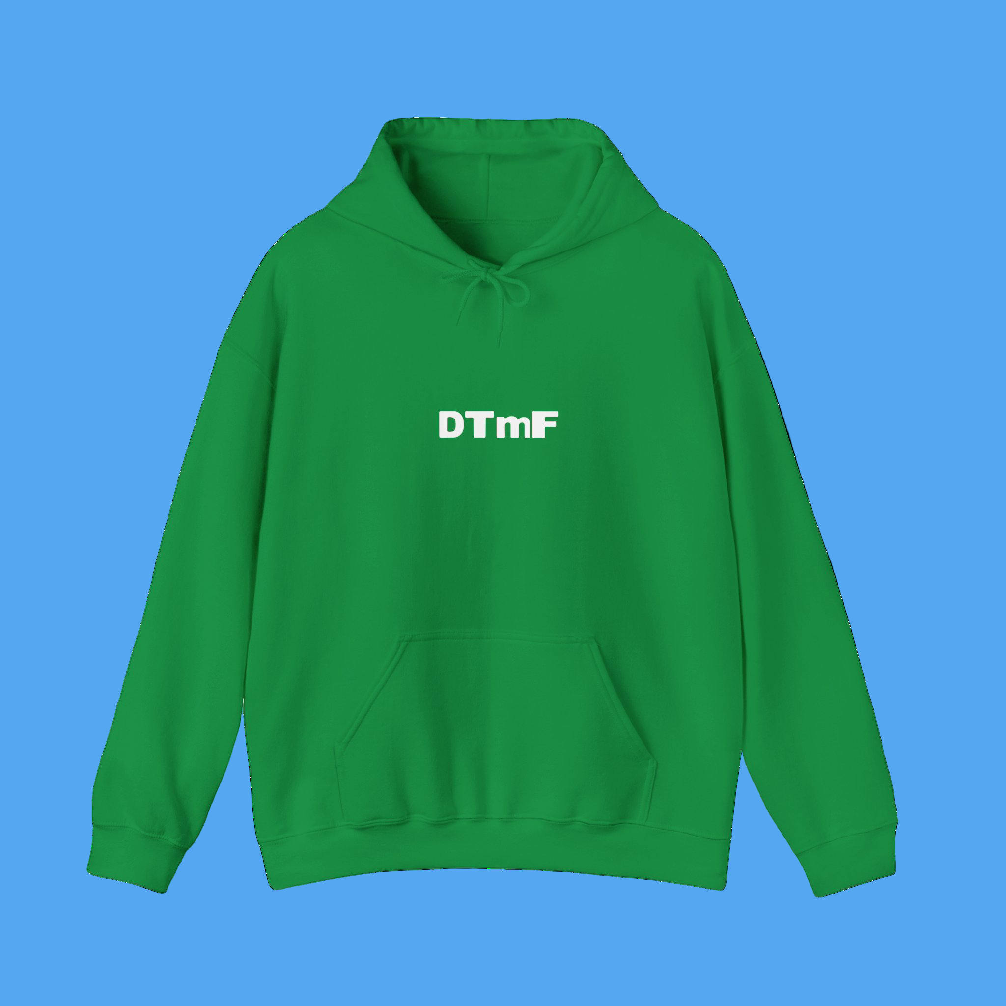 Green hoodie with 'DTmF' text on a white background