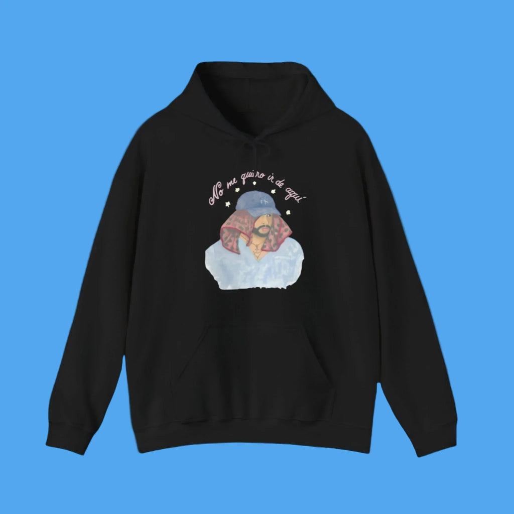 Black hoodie with a graphic design on a blue background