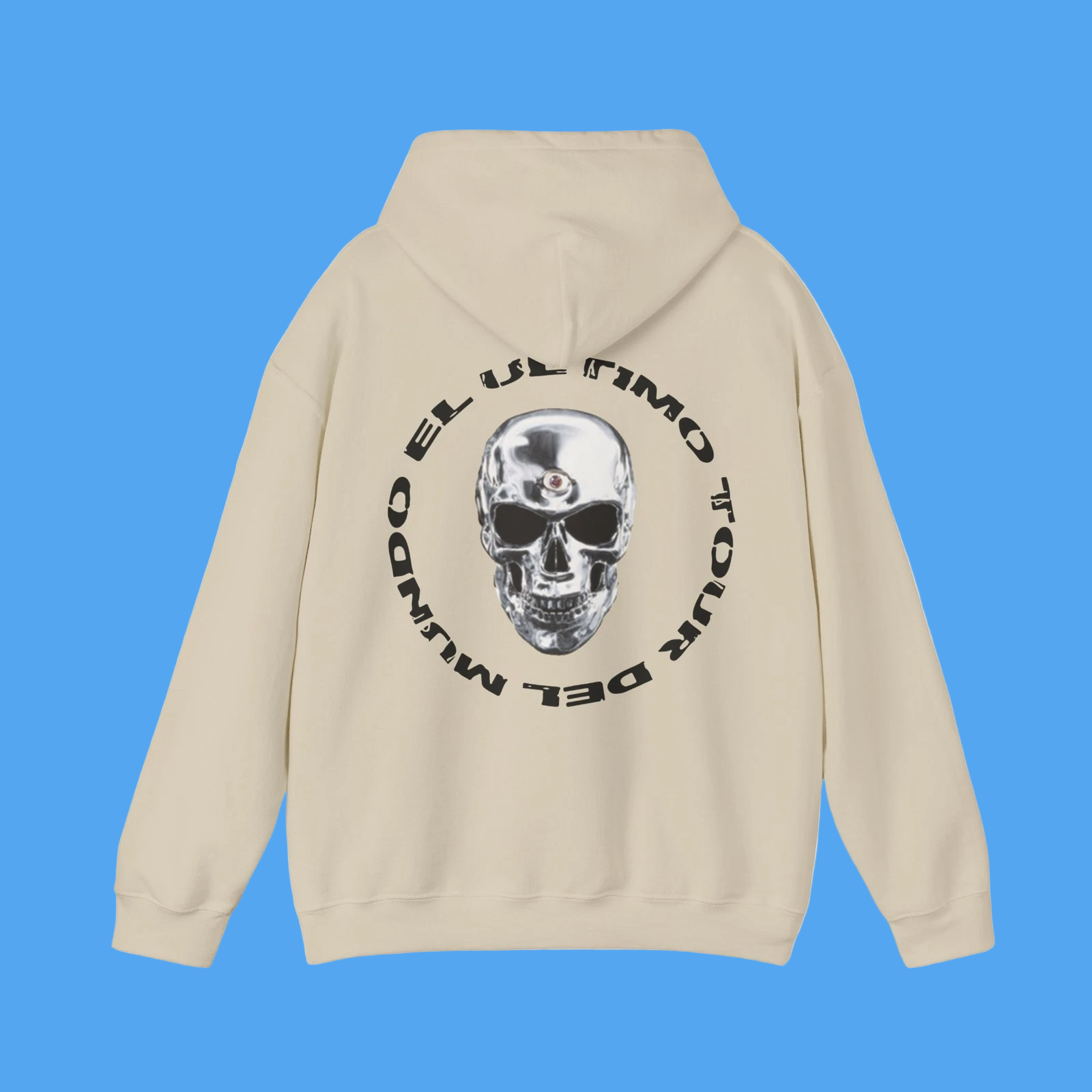 Beige hoodie with a skull graphic and text on the back against a white background