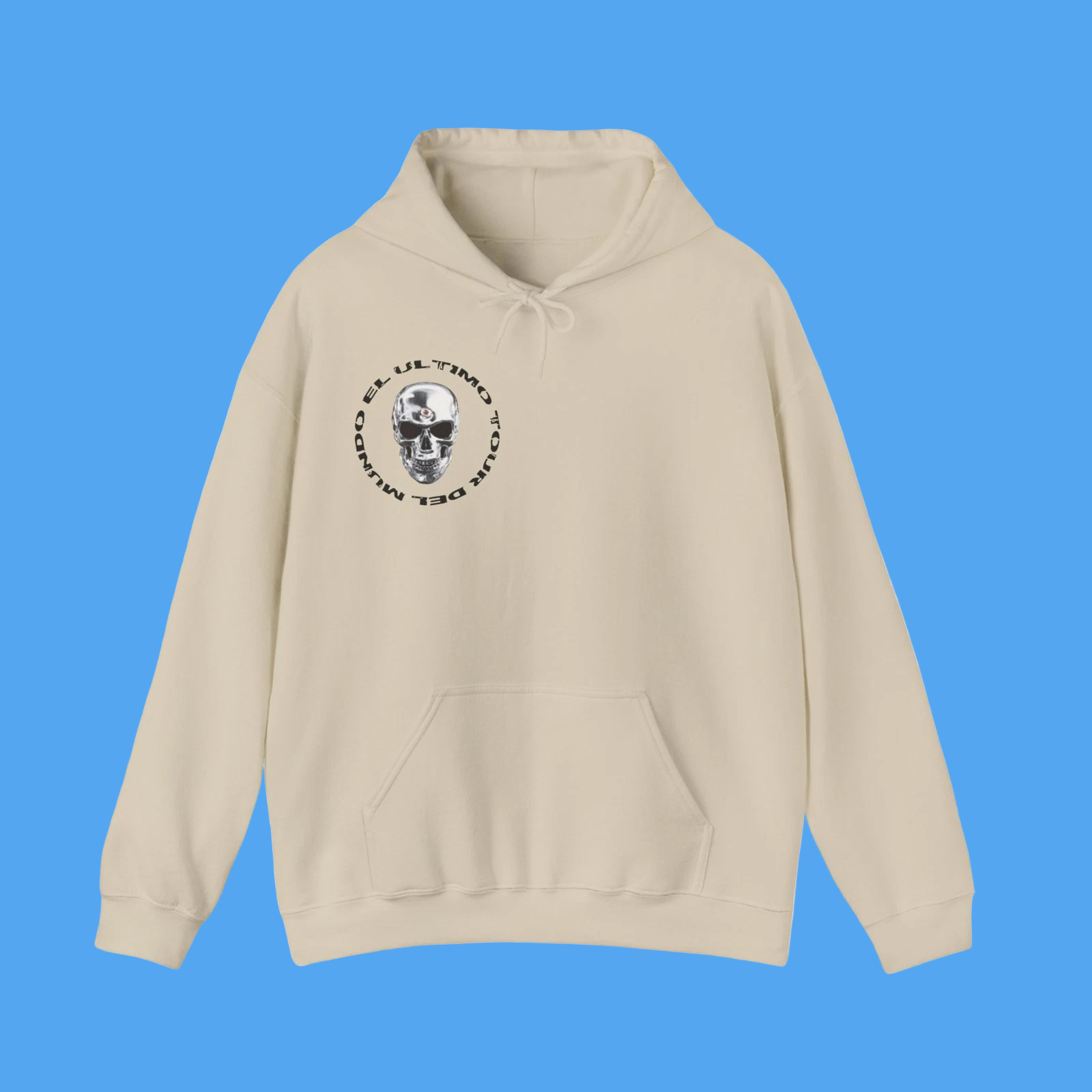Beige hoodie with a graphic design on the chest against a white background