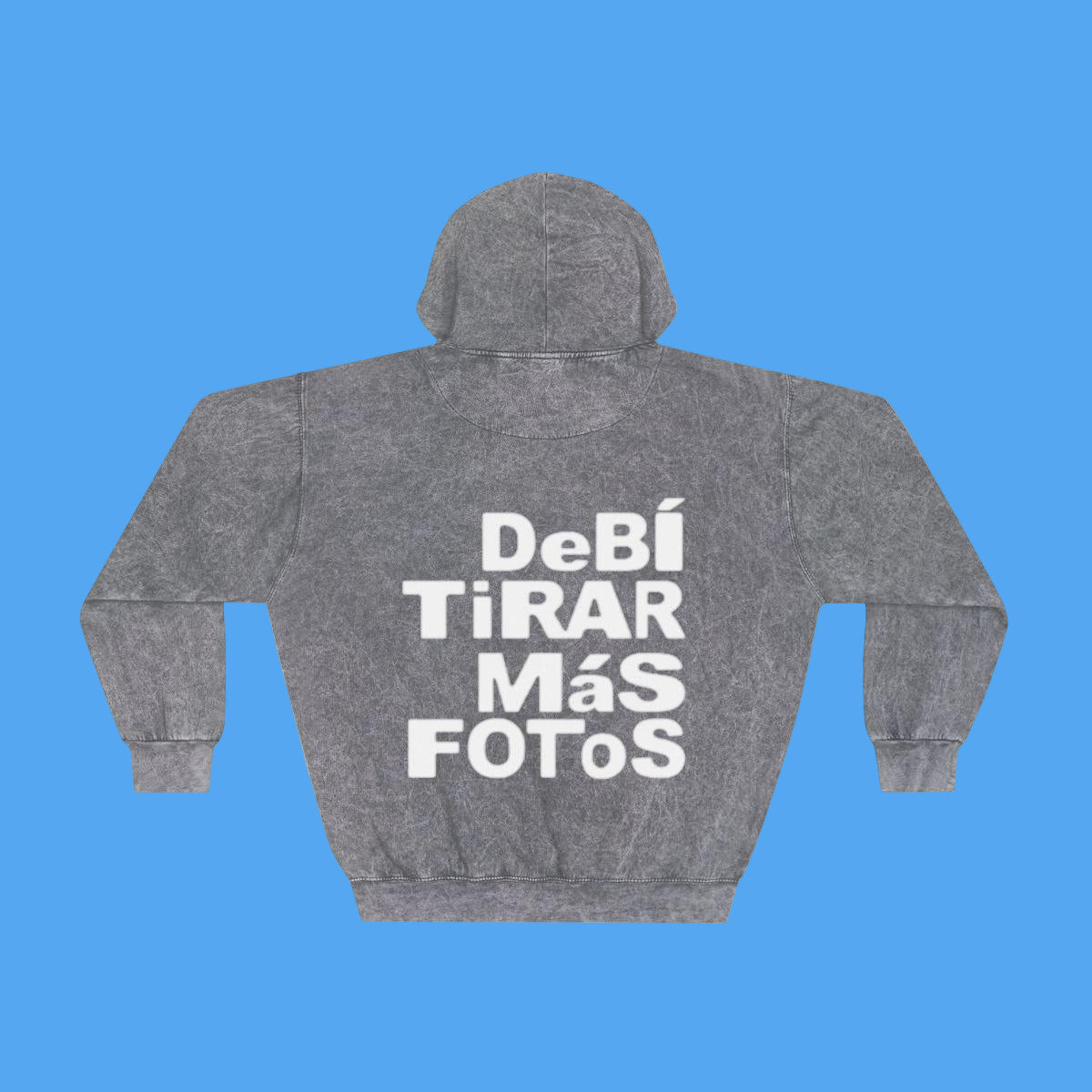Gray hoodie with white text on the back on a white background