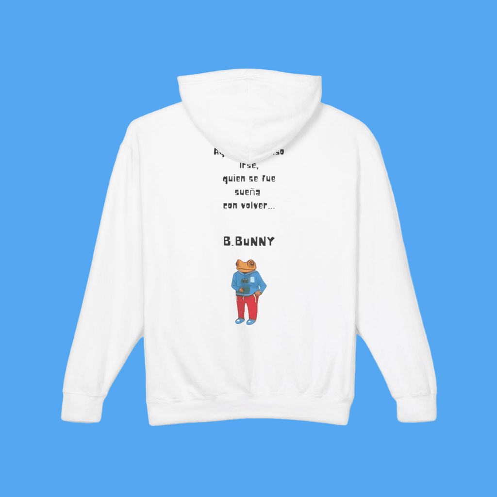 White hoodie with a bear graphic and text on the back, on a white background