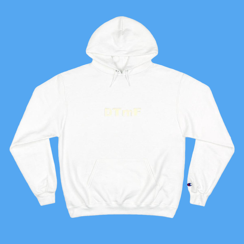 White hoodie with a small logo on the chest on a white background