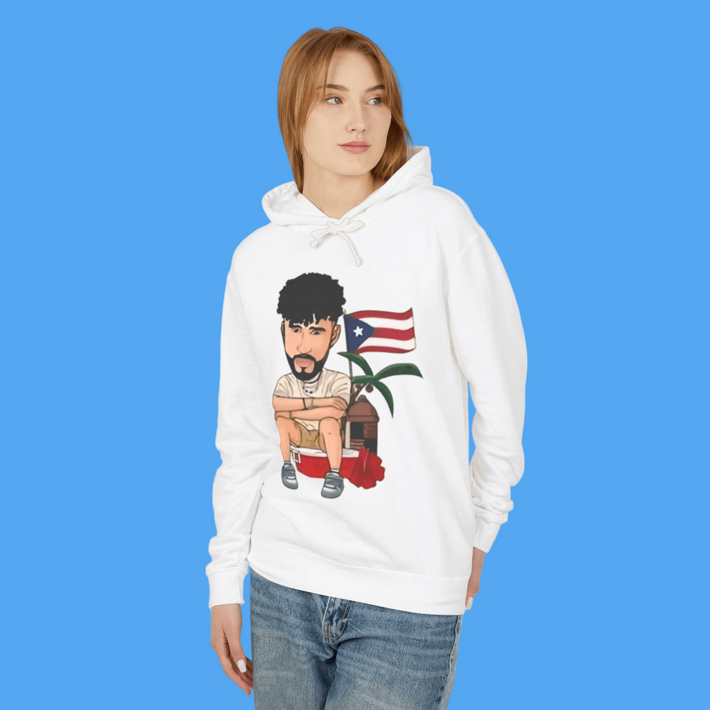 Person wearing a white hoodie with a graphic design on a white background