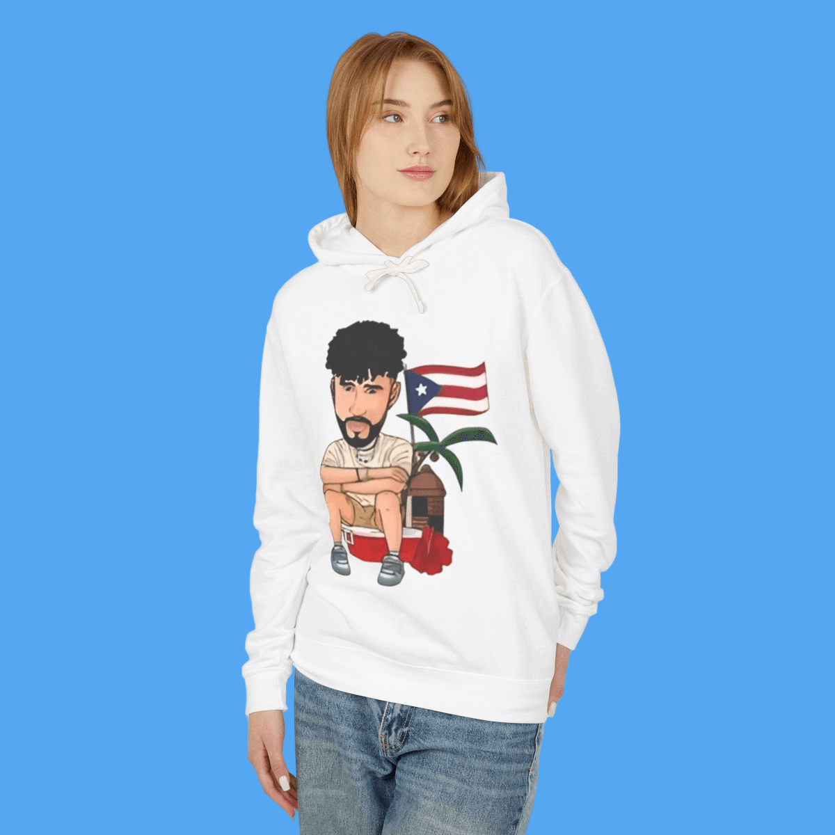Person wearing a white hoodie with a graphic design on a white background
