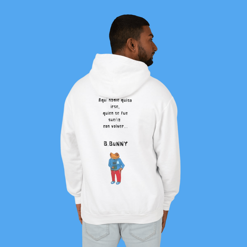 Person wearing a white hoodie with text and graphics on the back, on a white background