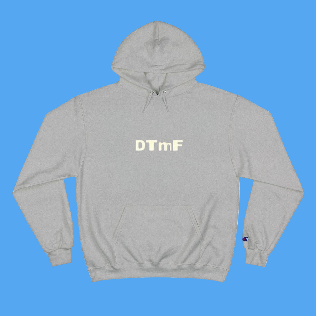 Gray hoodie with 'DTmF' text on a white background